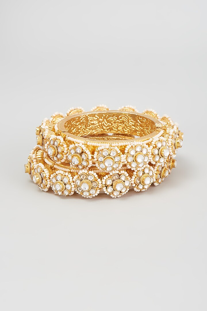 Gold Finish Kundan Polki Bangles (Set Of 2) by Adityam Jewels at Pernia's Pop Up Shop