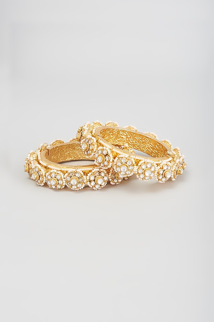 Gold Finish Kundan Polki Bangles (Set Of 2) by Adityam Jewels at Pernia's Pop Up Shop