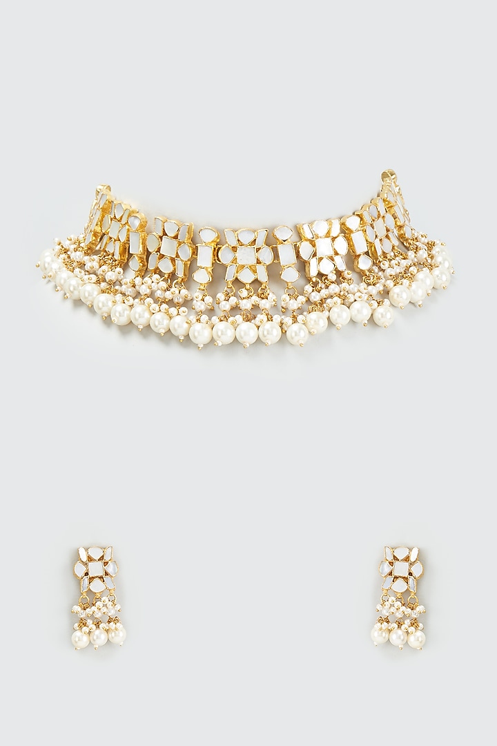 Gold Finish Kundan Polki & Mother Of Pearl Choker Necklace Set by Adityam Jewels at Pernia's Pop Up Shop