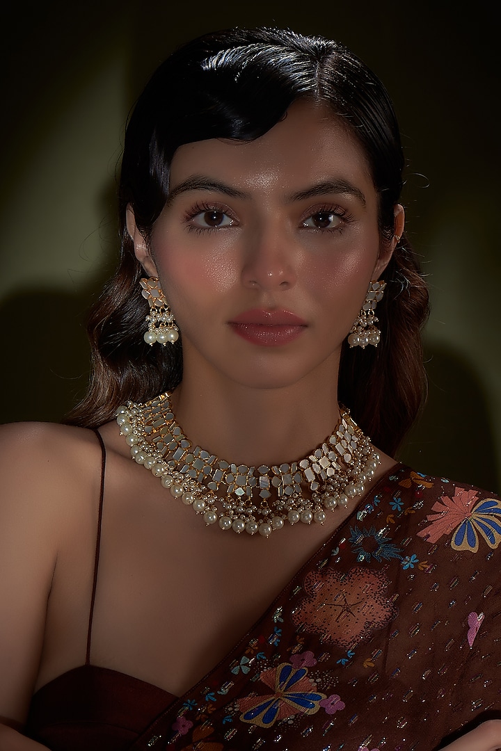 Gold Finish Kundan Polki & Mother Of Pearl Choker Necklace Set by Adityam Jewels at Pernia's Pop Up Shop