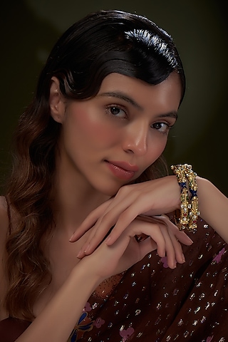 Gold Finish Kundan Polki Bangles (Set of 2) by Adityam Jewels