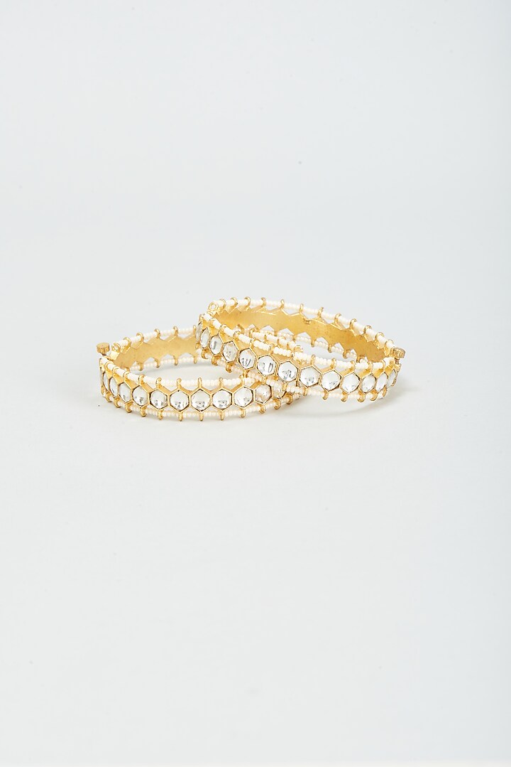 Gold Finish Kundan Polki Bangles (Set of 2) by Adityam Jewels at Pernia's Pop Up Shop