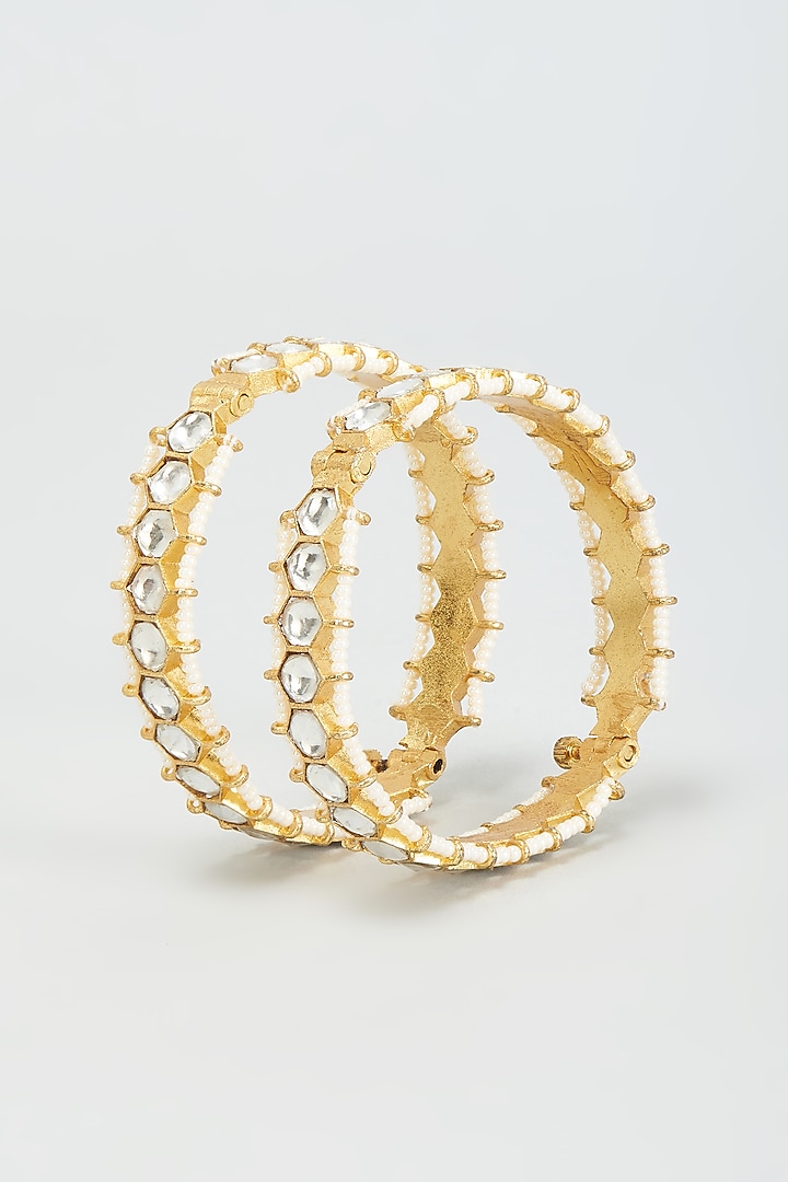 Gold Finish Kundan Polki Bangles (Set of 2) by Adityam Jewels at Pernia's Pop Up Shop