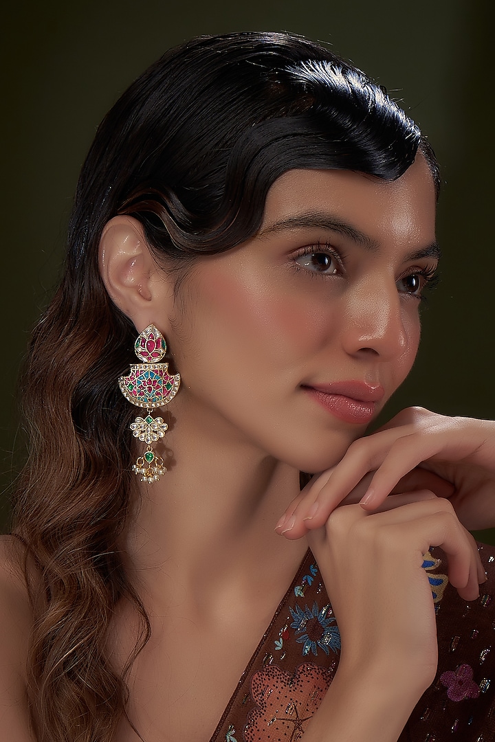 Gold Finish Kundan Polki & Multi-Colored Dangler Earrings by Adityam Jewels