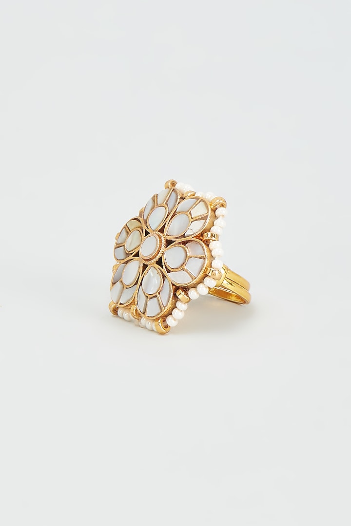 Gold Finish Mother Of Pearl Floral Ring by Adityam Jewels
