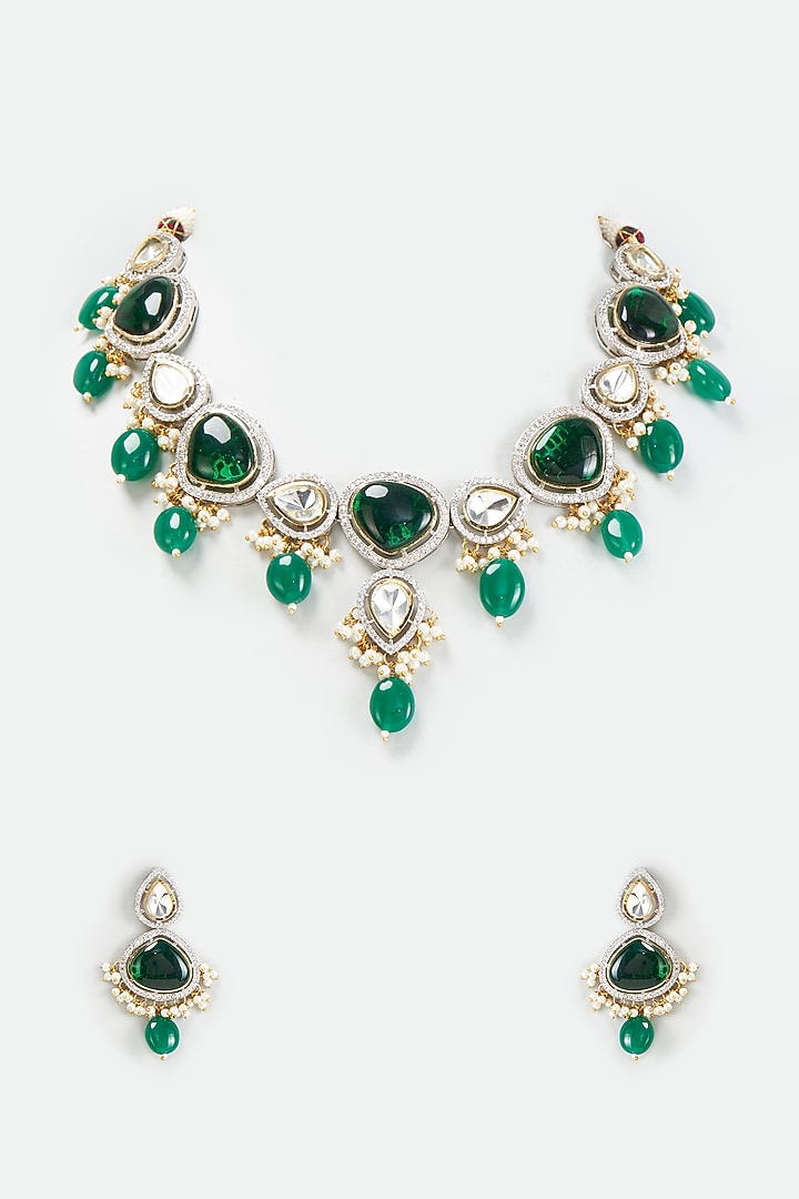 White Finish Green Kundan Polki Necklace Set by Adityam Jewels at Pernia's Pop Up Shop