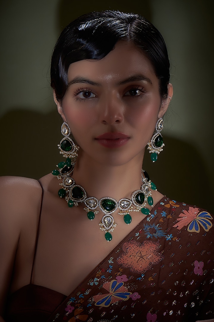 White Finish Green Kundan Polki Necklace Set by Adityam Jewels at Pernia's Pop Up Shop