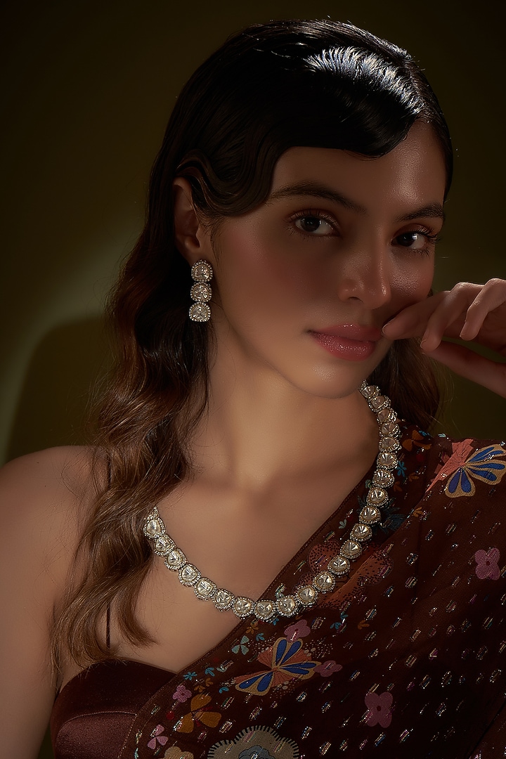 White Finish Kundan Polki Long Necklace Set by Adityam Jewels at Pernia's Pop Up Shop