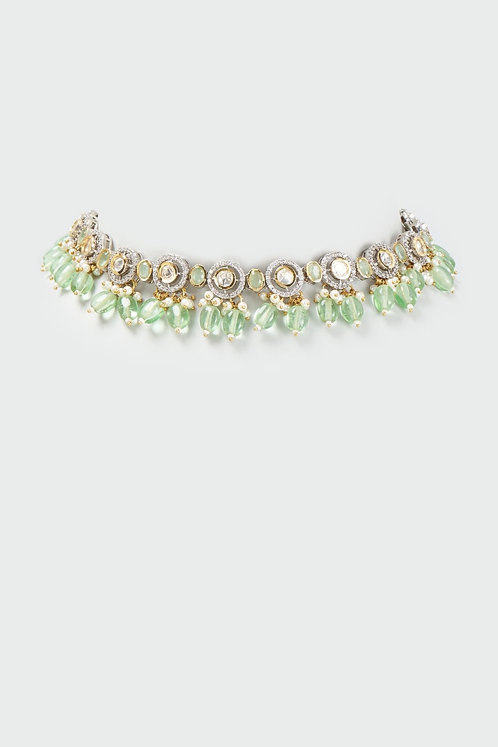 White Finish Kundan Polki & Green Beaded Choker Necklace Set by Adityam Jewels at Pernia's Pop Up Shop