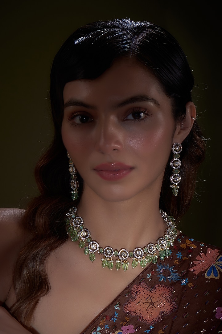 White Finish Kundan Polki & Green Beaded Choker Necklace Set by Adityam Jewels at Pernia's Pop Up Shop
