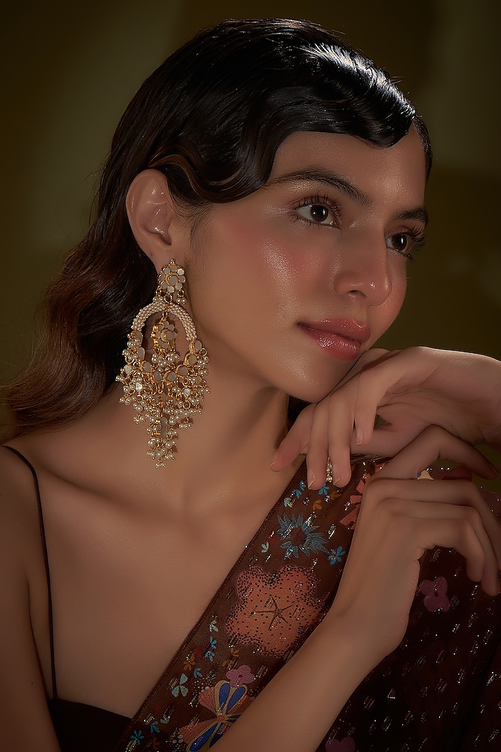 Gold Finish Kundan Polki & Mother of Pearl Chandbali Earrings by Adityam Jewels