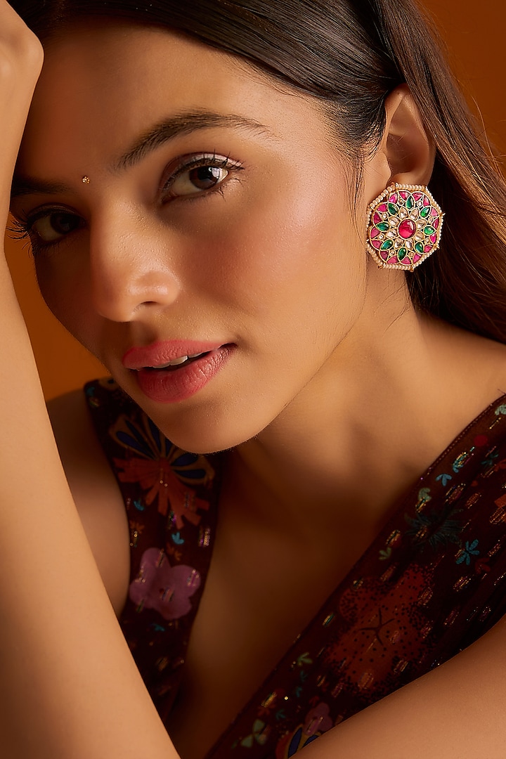 Gold Finish Multi-Colored Stones & Kundan Polki Stud Earrings by Adityam Jewels at Pernia's Pop Up Shop