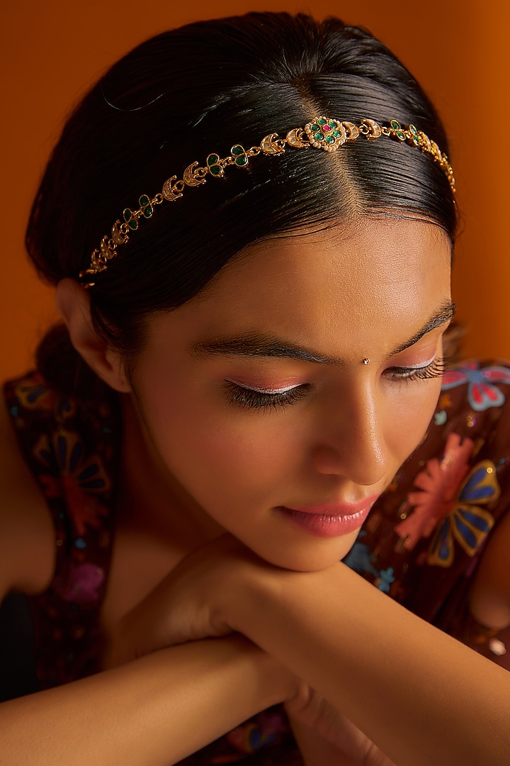 Gold Finish Kundan Polki & Green Stones Sheeshphool by Adityam Jewels at Pernia's Pop Up Shop