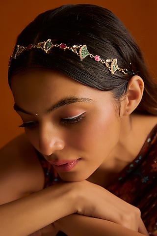 Gold Finish Kundan Polki & Green Stones Sheeshphool by Adityam Jewels