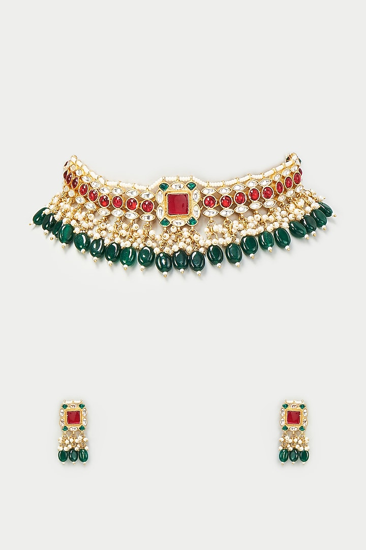 Gold Finish Red Stones & Kundan Polki Choker Necklace Set by Adityam Jewels at Pernia's Pop Up Shop