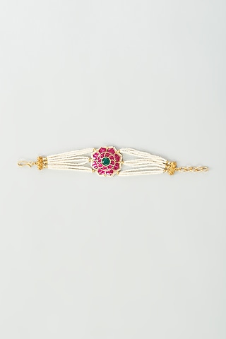 Gold Finish Red Kundan Polki & Red Stones Bracelet by Adityam Jewels