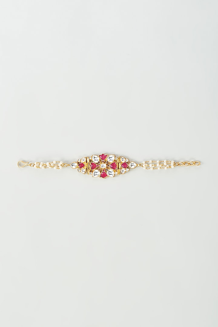 Gold Finish Red Kundan Polki & Red Stones Bracelet by Adityam Jewels