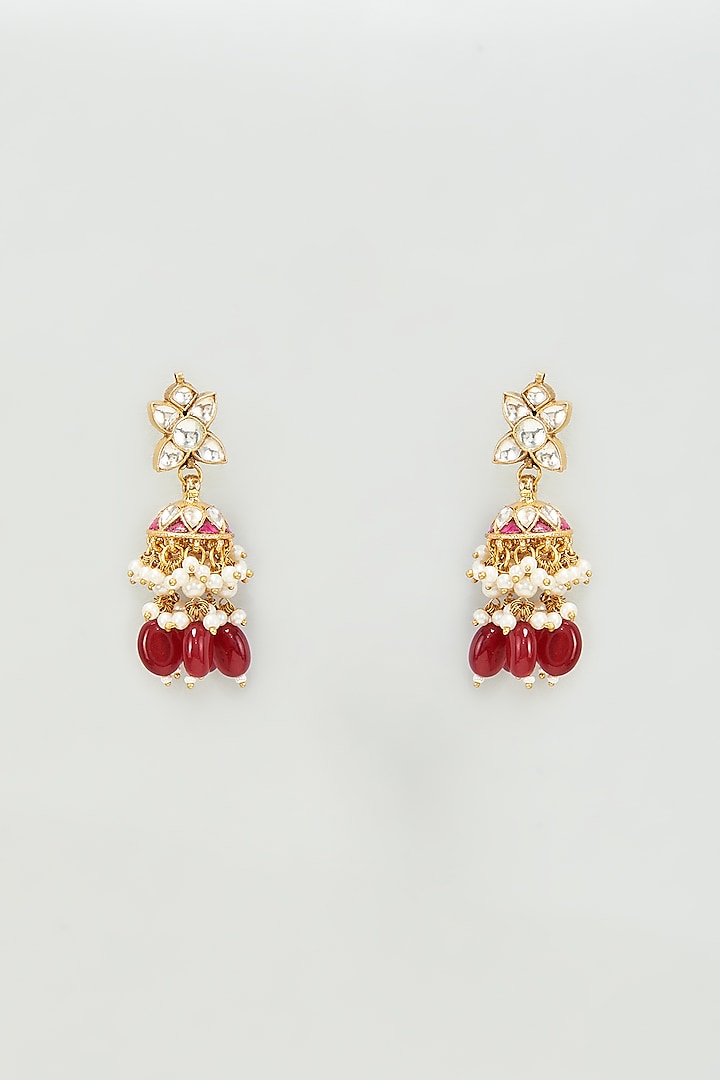 Gold Finish Kundan Polki & Red Stones Dangler Earrings by Adityam Jewels at Pernia's Pop Up Shop