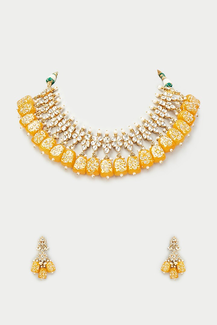 Gold Finish Kundan Polki & Yellow Drops Meenakari Necklace Set by Adityam Jewels at Pernia's Pop Up Shop