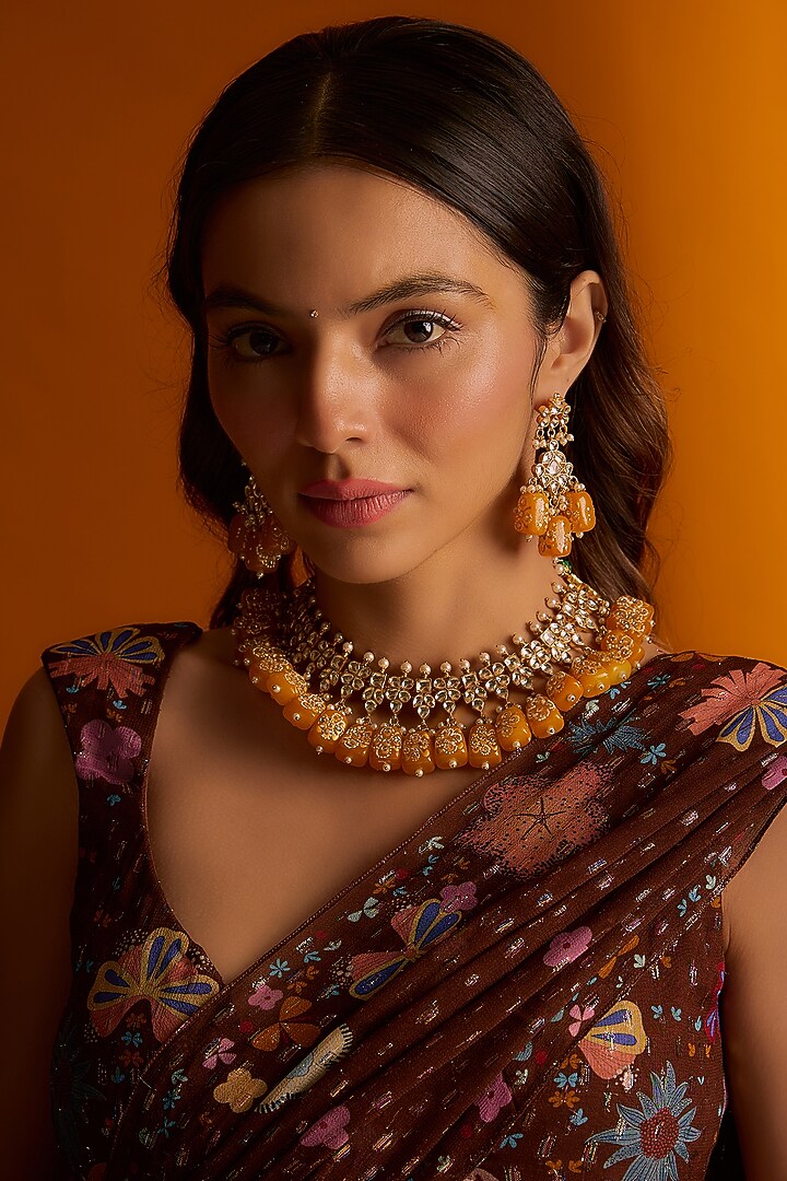 Gold Finish Kundan Polki & Yellow Drops Meenakari Necklace Set by Adityam Jewels at Pernia's Pop Up Shop