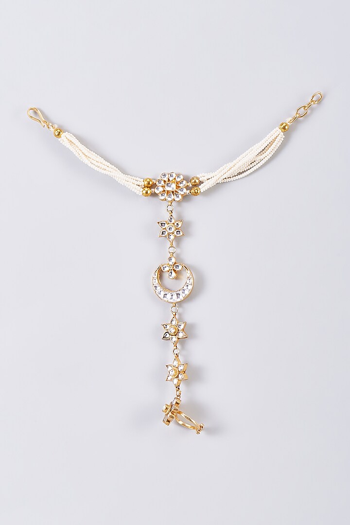 Gold Finish White Kundan Polki Hathphool (Set Of 2) by Adityam Jewels at Pernia's Pop Up Shop
