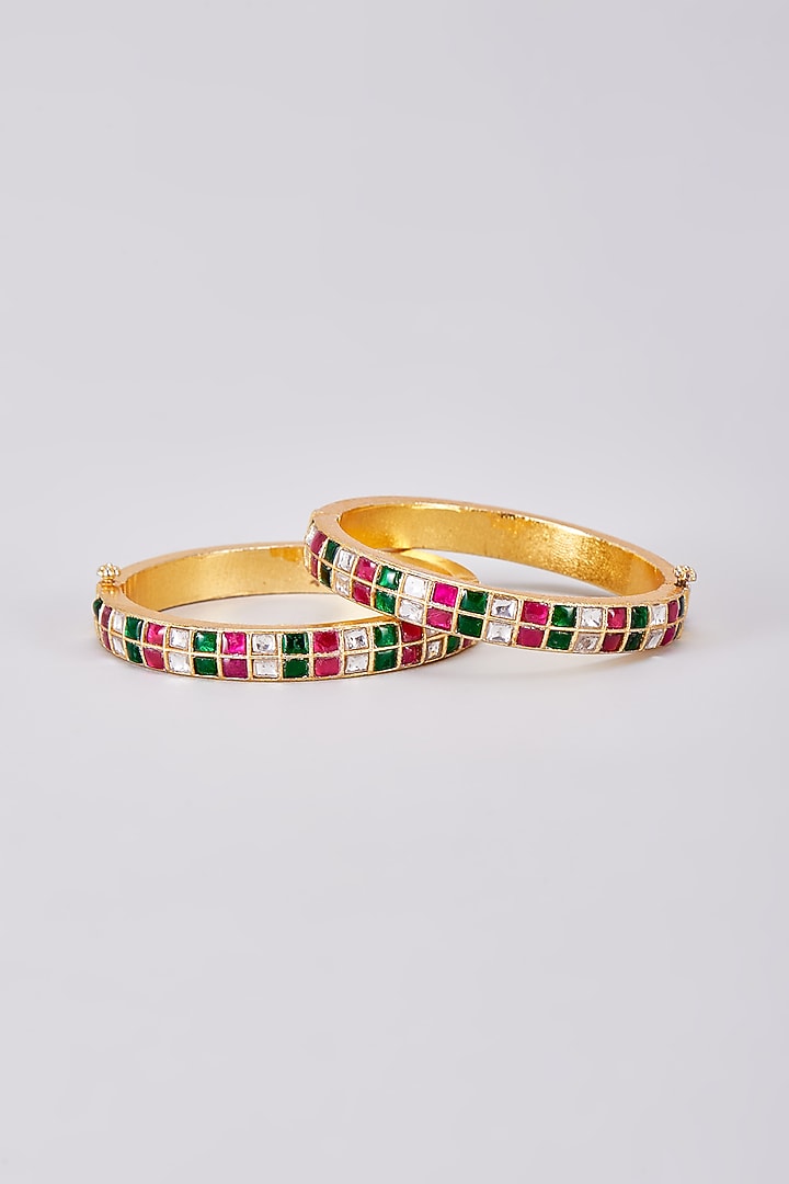 Gold Finish Multi-colored Kundan Polki Bangles (Set Of 2) by Adityam Jewels at Pernia's Pop Up Shop