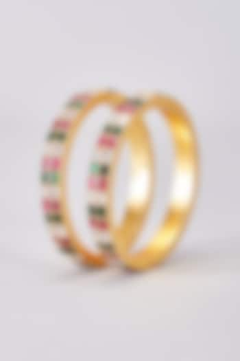 Gold Finish Multi-colored Kundan Polki Bangles (Set Of 2) by Adityam Jewels at Pernia's Pop Up Shop