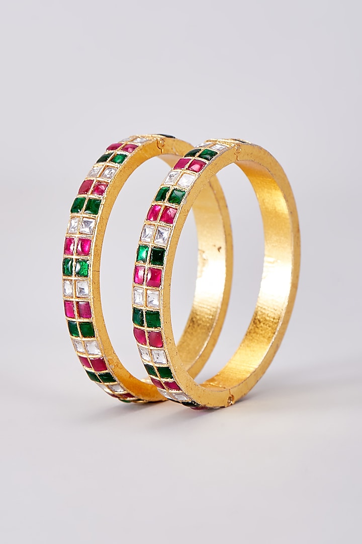 Gold Finish Multi-colored Kundan Polki Bangles (Set Of 2) by Adityam Jewels at Pernia's Pop Up Shop