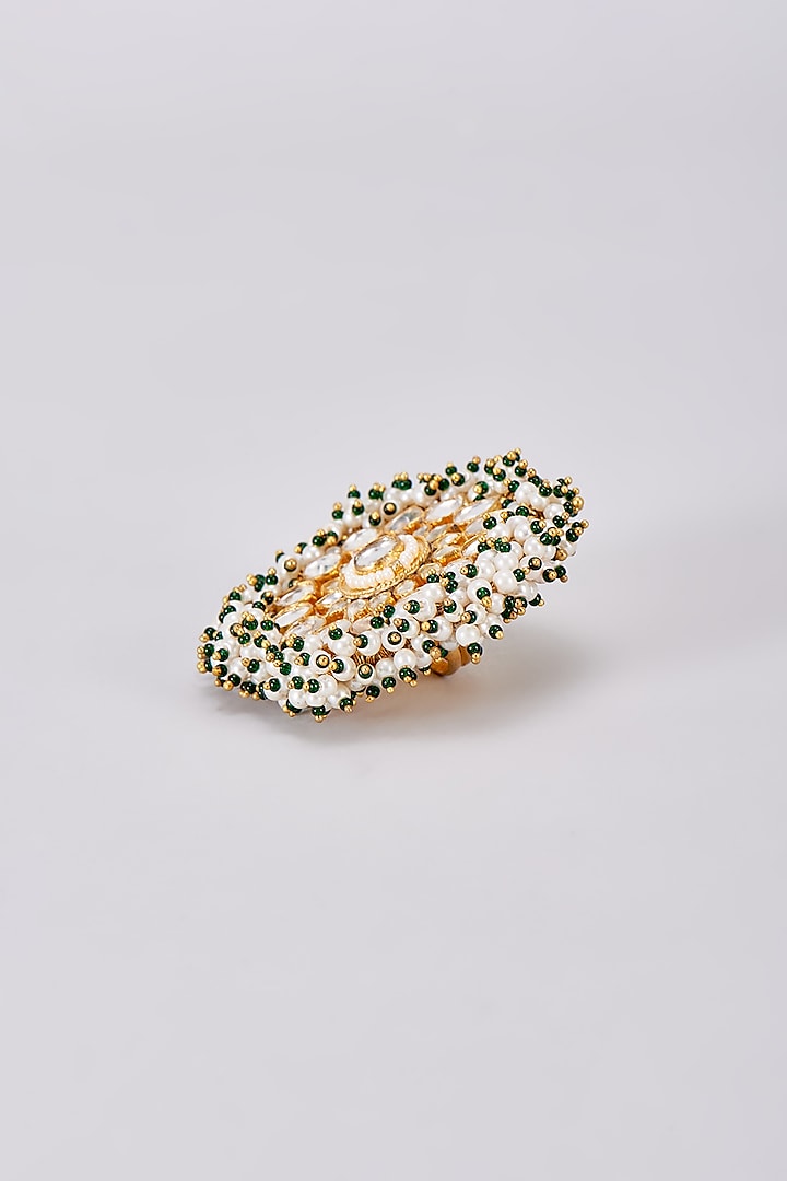 Gold Finish White Kundan Polki Ring by Adityam Jewels