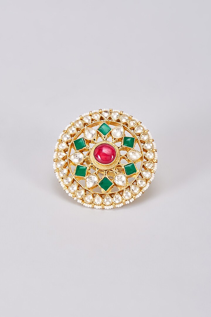 Gold Finish Green Kundan Polki Ring by Adityam Jewels at Pernia's Pop Up Shop