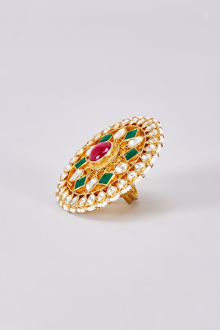Gold Finish Green Kundan Polki Ring by Adityam Jewels