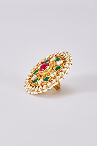 Gold Finish Green Kundan Polki Ring by Adityam Jewels