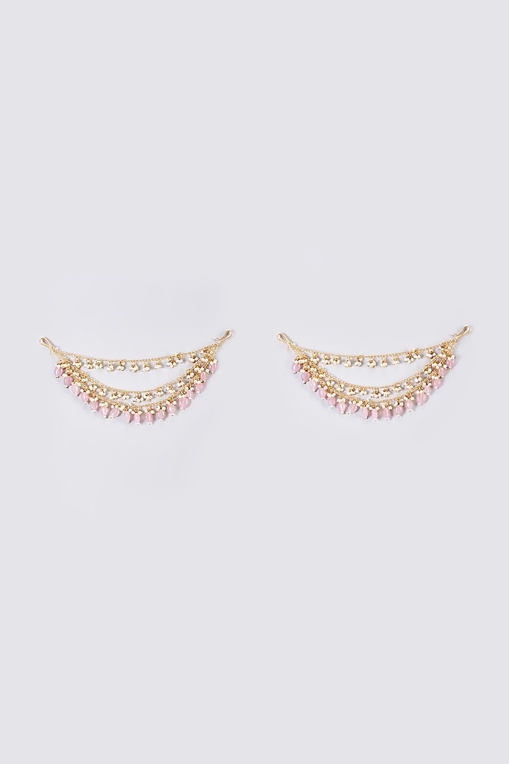 Gold Finish Pink Kundan Polki Earchains by Adityam Jewels at Pernia's Pop Up Shop