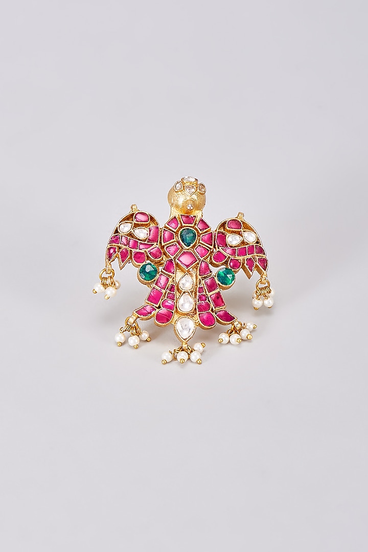 Gold Finish Red Kundan Polki Ring by Adityam Jewels at Pernia's Pop Up Shop