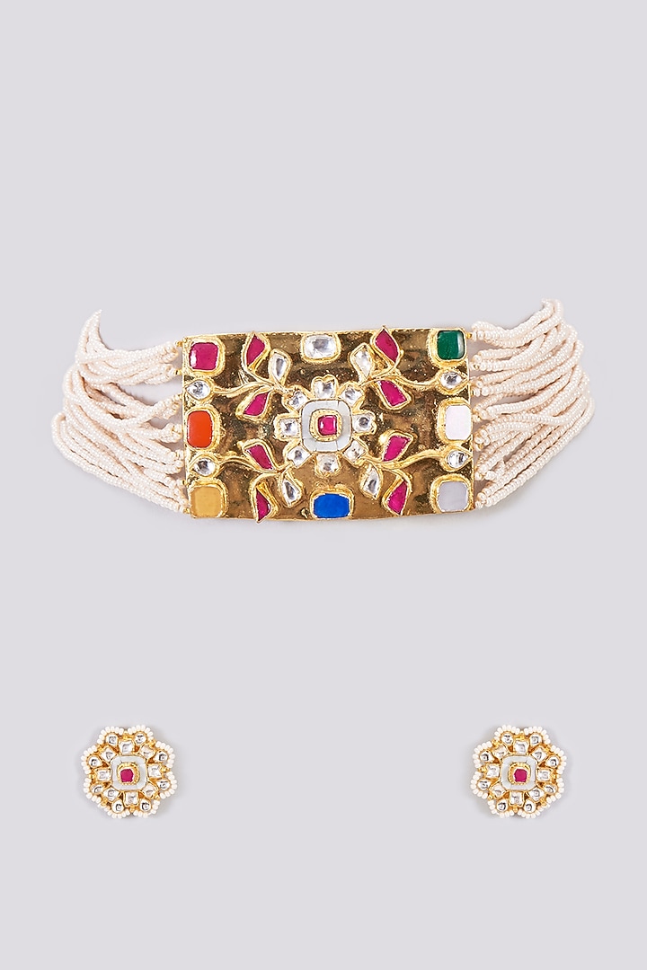 Gold Finish Kundan Polki Choker Necklace Set by Adityam Jewels at Pernia's Pop Up Shop