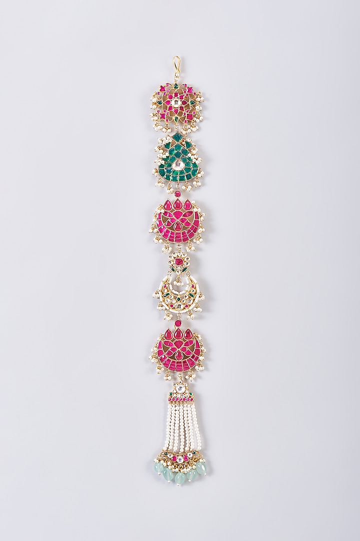 Gold Finish Multi-Colored Kundan Polki Hair Braid by Adityam Jewels at Pernia's Pop Up Shop