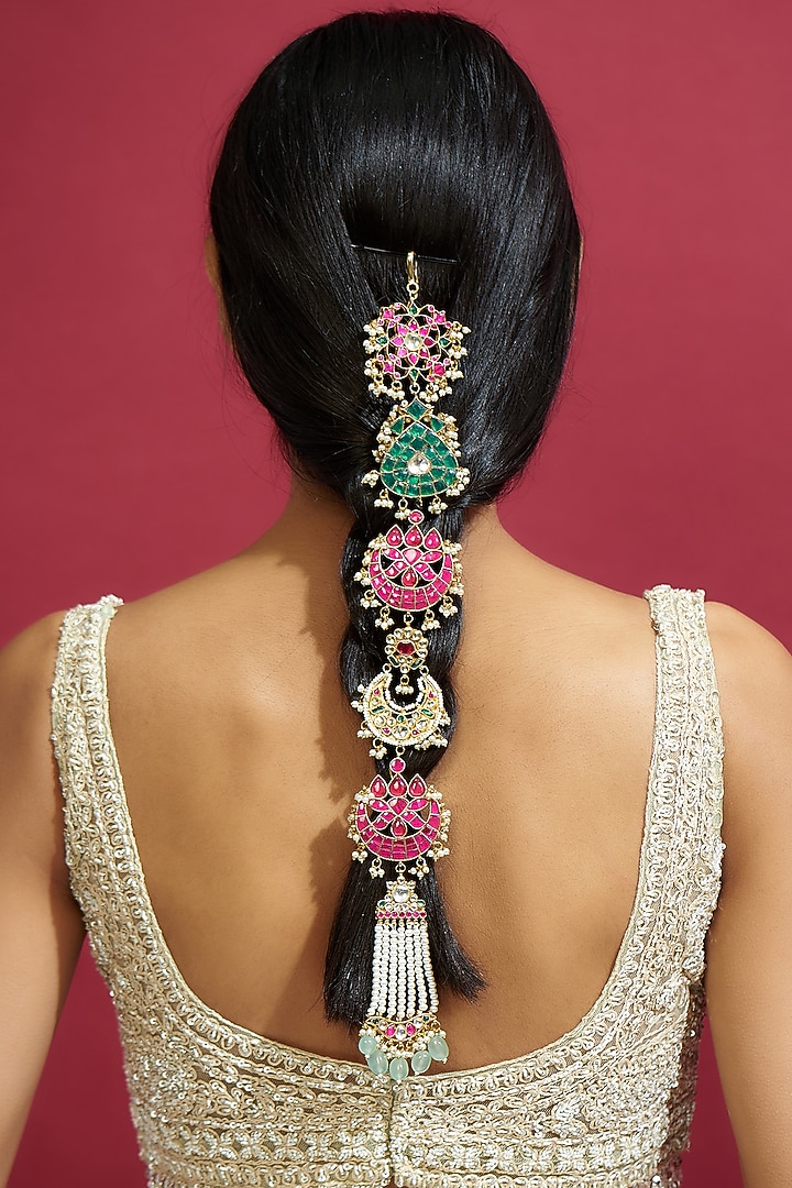 Gold Finish Multi-Colored Kundan Polki Hair Braid by Adityam Jewels at Pernia's Pop Up Shop