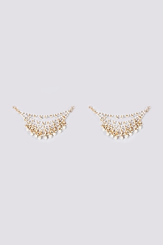 Gold Finish Kundan Polki & Pearl Drop Earchains by Adityam Jewels