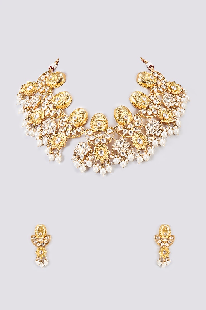 Gold Finish Kundan Polki & Pearl Drop Necklace Set by Adityam Jewels at Pernia's Pop Up Shop