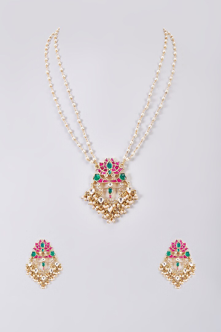 Gold Finish Kundan Polki Long Pendant Necklace Set by Adityam Jewels at Pernia's Pop Up Shop