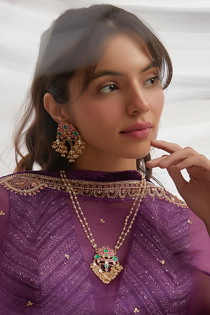 Gold Finish Kundan Polki Long Pendant Necklace Set by Adityam Jewels at Pernia's Pop Up Shop