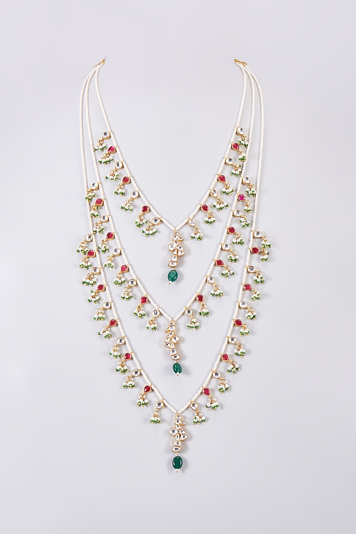 Gold Finish Red Kundan Polki Layered Necklace by Adityam Jewels