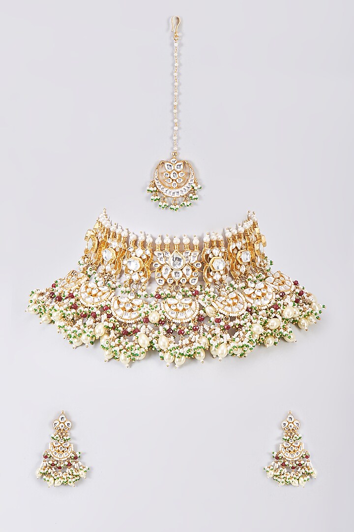 Gold Finish Kundan Polki Necklace Set by Adityam Jewels at Pernia's Pop Up Shop