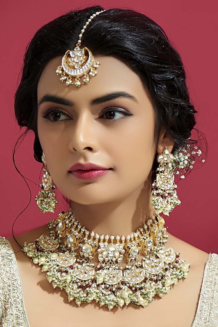 Gold Finish Kundan Polki Necklace Set by Adityam Jewels at Pernia's Pop Up Shop
