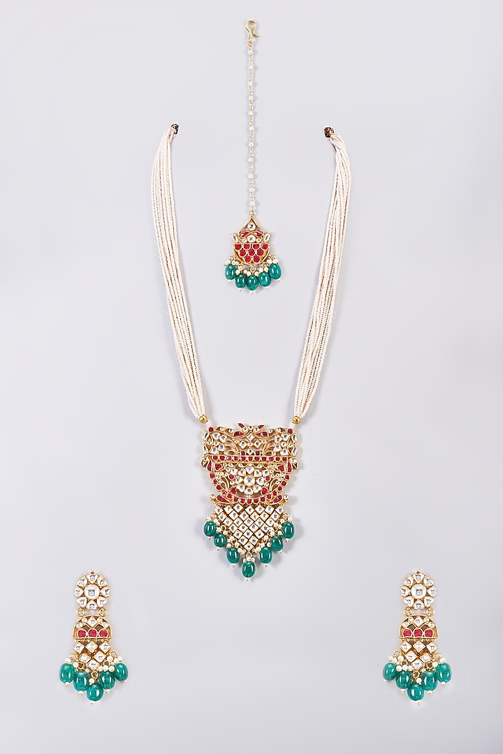 Gold Finish Kundan Polki Long Pendant Necklace Set by Adityam Jewels at Pernia's Pop Up Shop