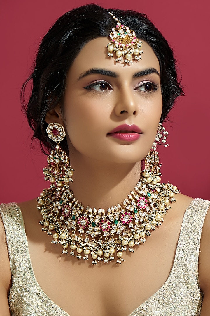 Gold Finish Kundan Polki And Pearl Drop Necklace Set Design By Adityam