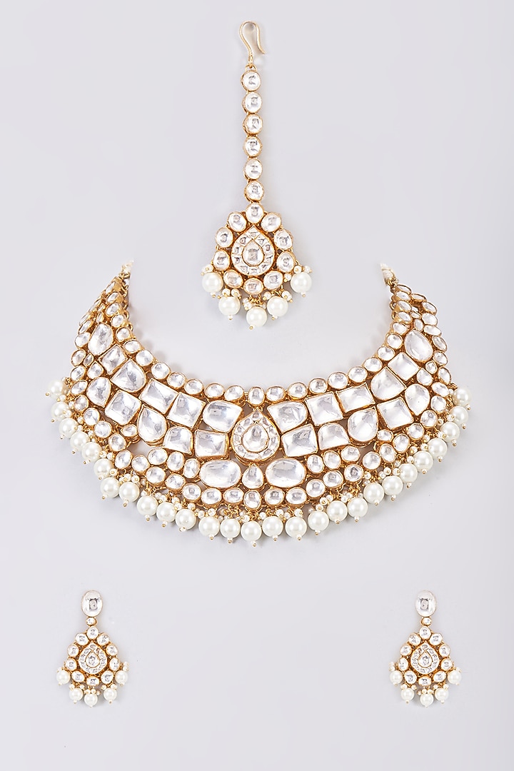 Gold Finish White Kundan Polki & Pearl Drop Necklace Set by Adityam Jewels at Pernia's Pop Up Shop