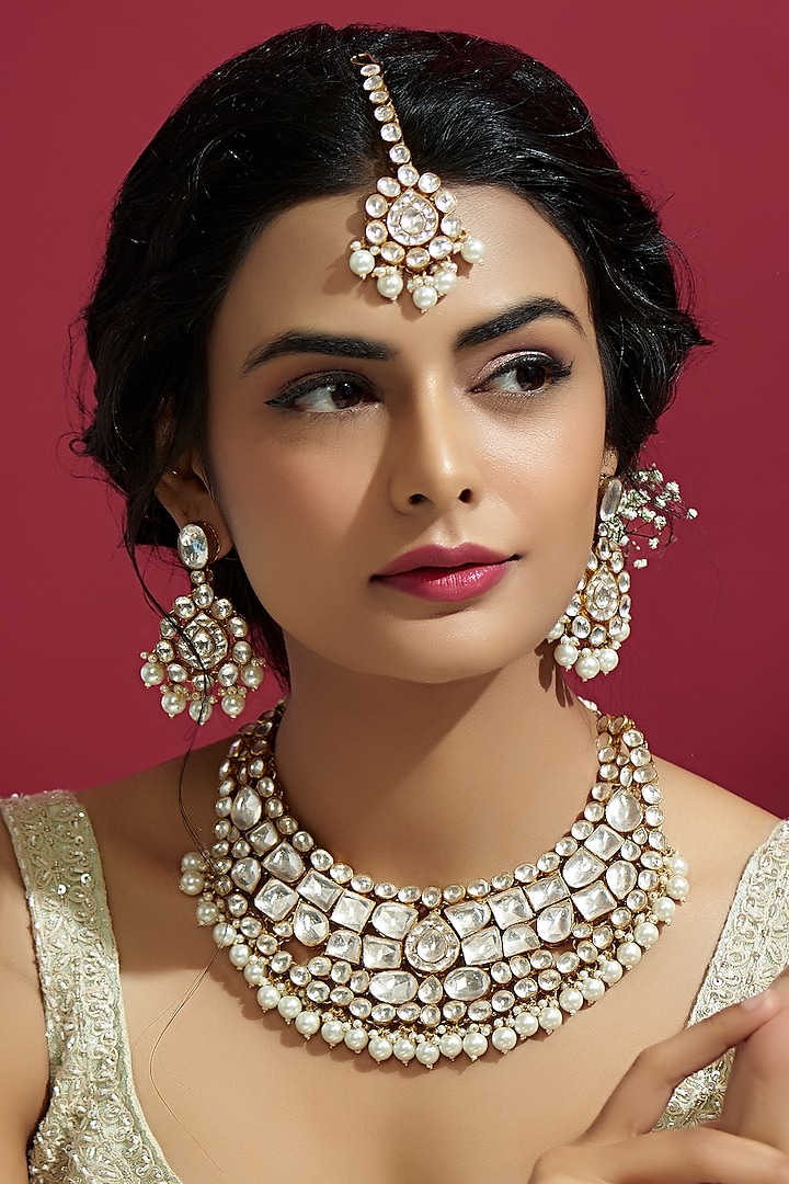 Gold Finish White Kundan Polki & Pearl Drop Necklace Set by Adityam Jewels