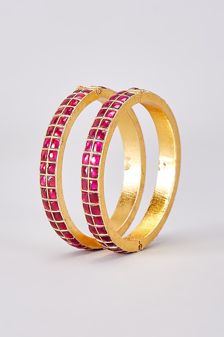 Gold Finish Red Kundan Polki Bangles (Set Of 2) by Adityam Jewels at Pernia's Pop Up Shop