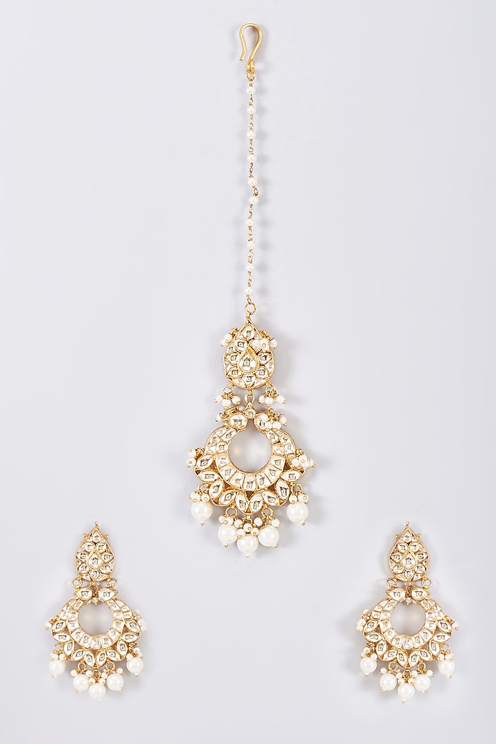 Gold Finish Kundan Polki Chandbali Earrings With Maang Tikka by Adityam Jewels at Pernia's Pop Up Shop